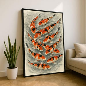 Serene Koi Fish Pond Canvas Wall Art Print  Modern Asian Living Room Decor  Ready to Hang