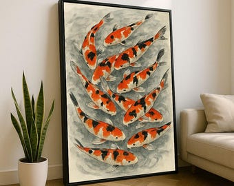 Koi Fisch Teich Kunstdruck auf Leinwand, Modernes asiatisches Dekor