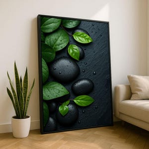 Zen Stones and Leaves Canvas Wall Art Print | Minimalist Spa Living Room Decor | Relaxing Art