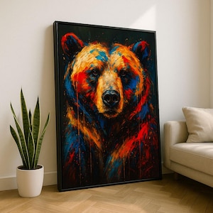 Vibrant Bear Portrait Canvas Wall Art Print | Abstract Living Room Decor | Statement Piece
