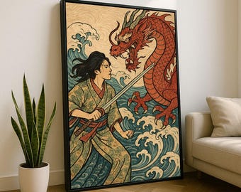 Samurai Warrior Canvas Print: Japanese Art with Red Dragon