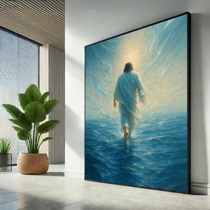 水上を歩くイエス、光に満ちたキリスト教キャンバス壁アートプリント、スピリチュアルな奇跡のポスター、モダンな宗教的装飾、すぐに掛けられます