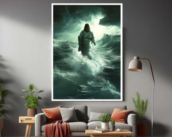 Jesus Cross Walking on Water Framed Modern Canvas Wall Art Print Ready To Hang Gift For Office , Home, Mom, Girlfriend, Boyfriend