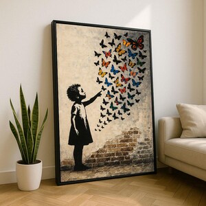 Whimsical Street Art Girl with Butterflies Canvas Wall Art Print | Colorful Living Room Decor | Statement Piece