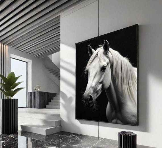 Majestic White Horse Canvas Wall Art Print | Monochrome Living