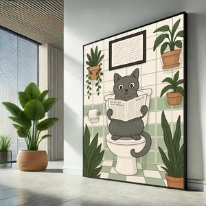 トイレに描かれた面白い猫のアート、バスルームのユーモアのあるキャンバスウォールアートプリント、かわいい漫画の動物のポスター、風変わりな猫の装飾、すぐに掛けられます