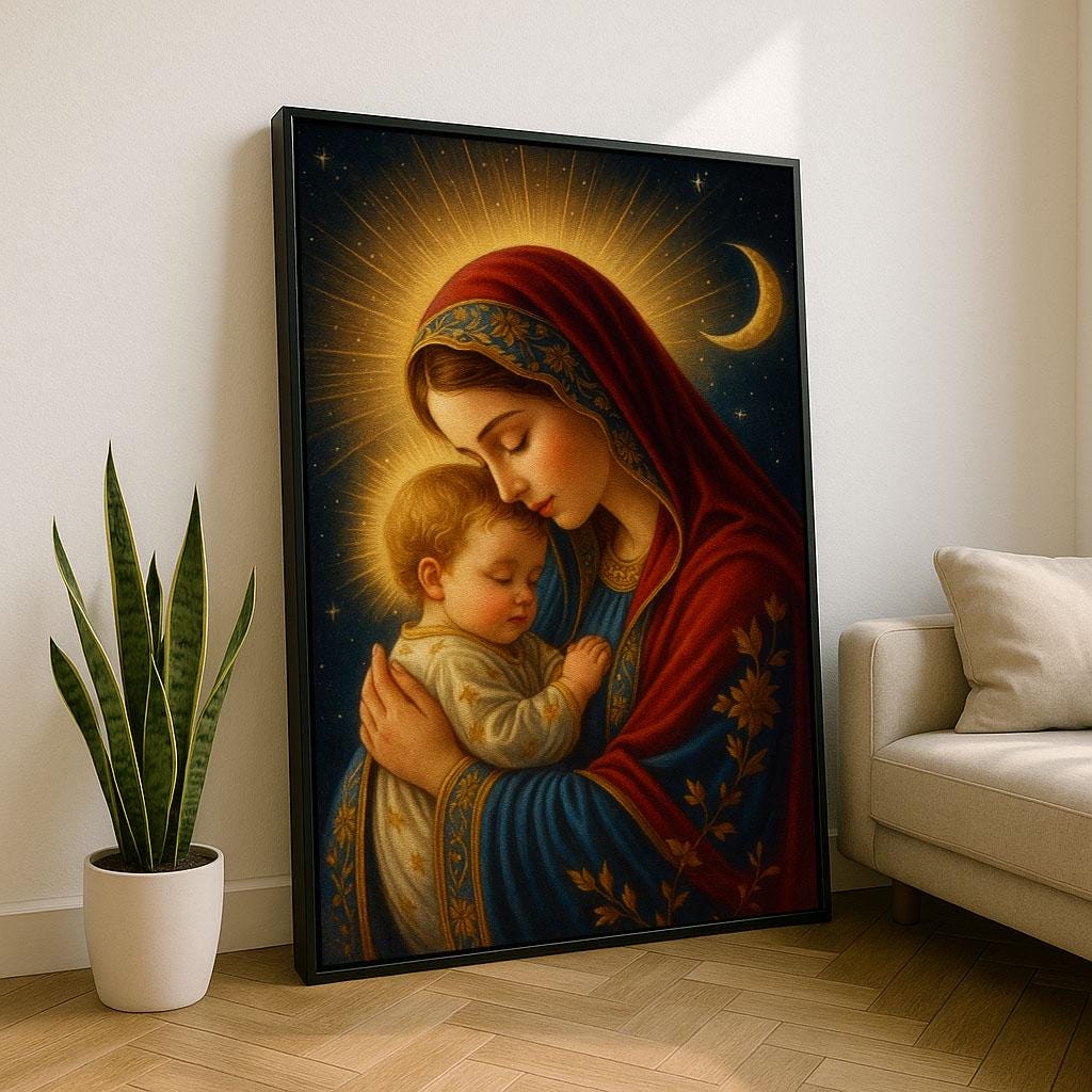 Radiant Mother and Child Religious Canvas Wall Art Print | Warm Living Room Decor | Statement Piece