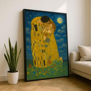 Impresión artística en lienzo estilo Klimt con beso romántico / Decoración dorada para dormitorio / Pieza llamativa