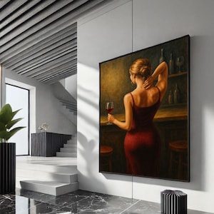 Elegant Woman with Wine Canvas Wall Art Print | Warm Tones Living Room Decor | Statement Piece