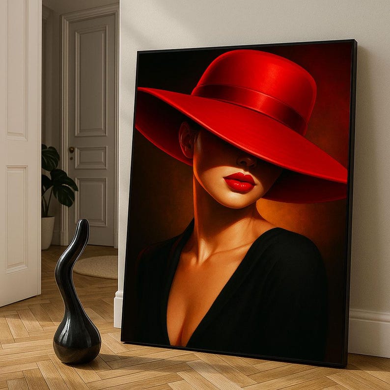 Elegant Woman in Red Hat Canvas Wall Art Print | Modern Bedroom Decor ...