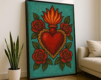 Sacred Heart with Roses Mexican Canvas Wall Art Print | Vibrant Living Room Decor | Statement Piece