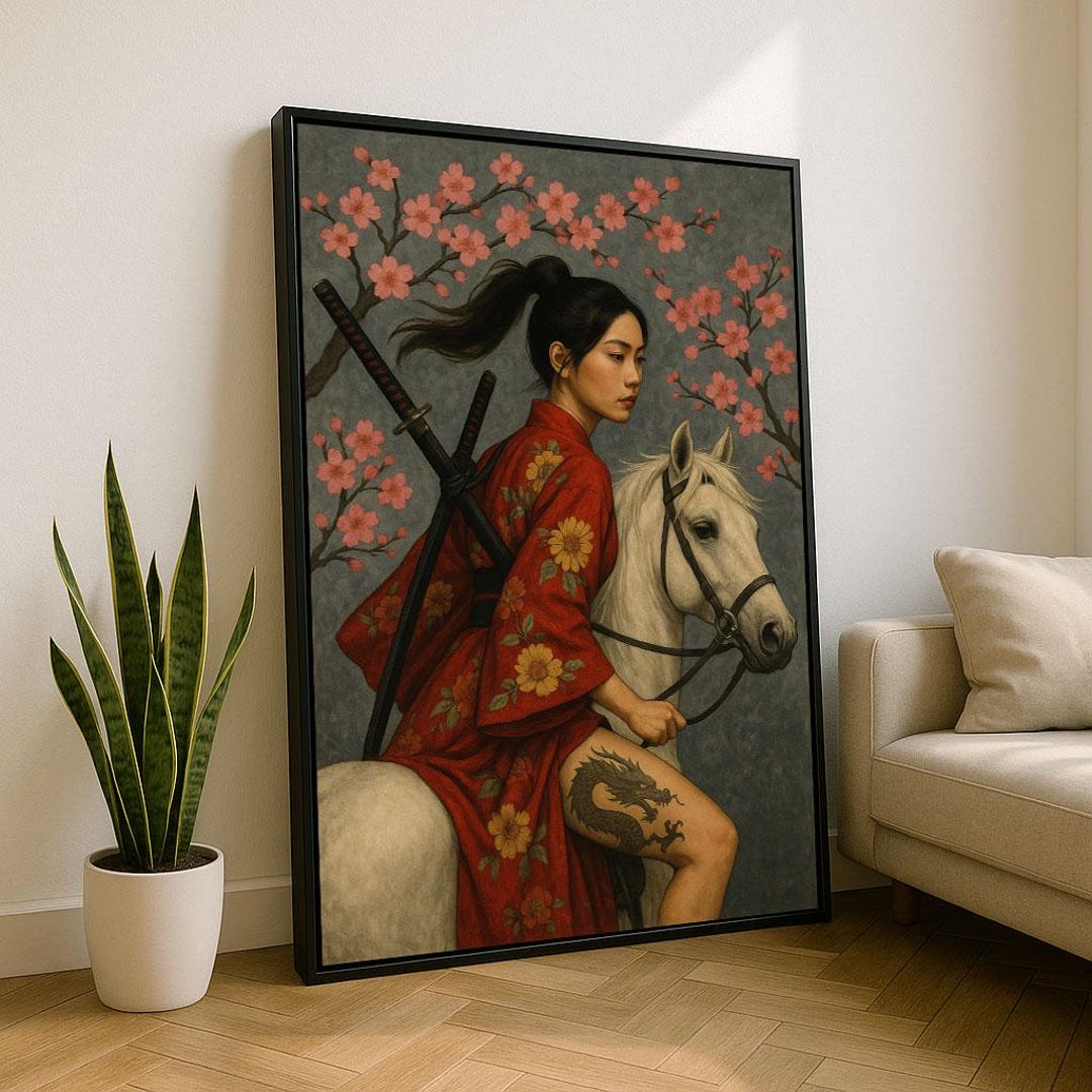 Japanese Warrior Woman Canvas Wall Art Print | Red & Gray Living Room ...