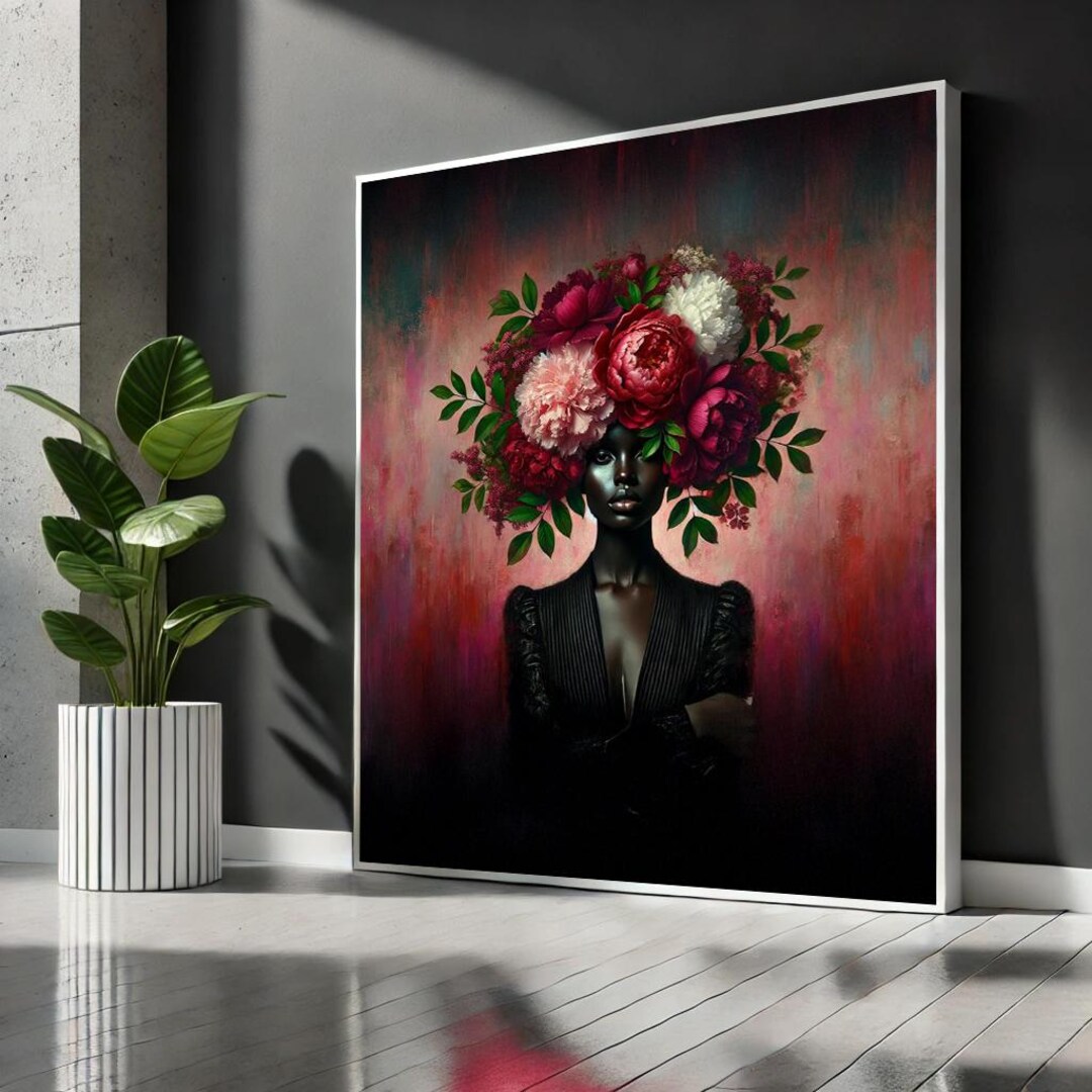 Luxury Floral Portrait Canvas Wall Art - Elegant Black Woman Artwork ...