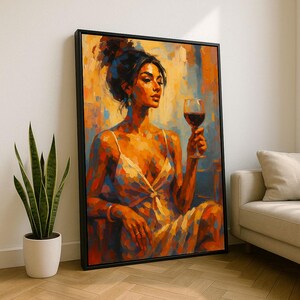 Elegant Woman with Wine Canvas Wall Art Print | Vibrant Living Room Decor | Statement Piece