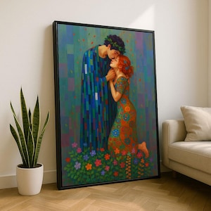 Colorful Romantic Couple Embrace Canvas Wall Art Print  Vibrant Living Room Decor  Statement Piece