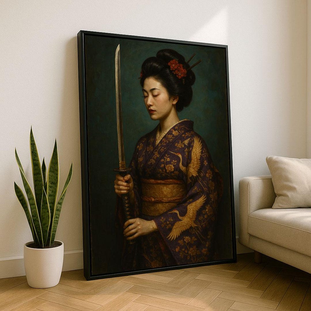 Samurai Woman Canvas Art Print, Japanese Kimono Decor - Etsy