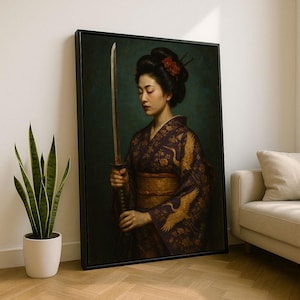 Elegant Samurai Woman in Kimono Canvas Wall Art Print  Traditional Japanese Living Room Decor  Statement Piece