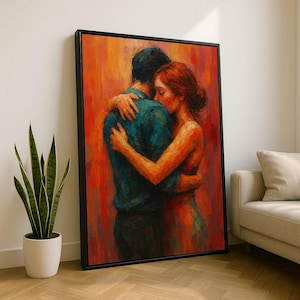 Romantic Couple Embrace Impressionist Canvas Wall Art Print | Warm Living Room Decor | Statement Piece