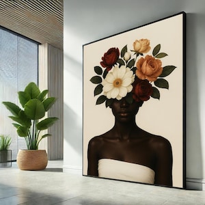 Floral Woman Portrait, Modern Botanical Canvas Wall Art Print, Minimalist Feminine Decor, Contemporary Flower Head Poster, Ready to Hang