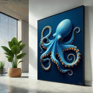 Octopus Canvas Wall Art Print, Vibrant Blue Sea Animal Painting, Deep Ocean Creature Canvas Wall Art Home Decor, gift for Unique Gift Lovers