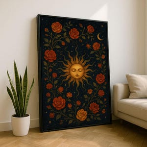 Mystical Sun and Roses Boho Canvas Wall Art Print | Warm Living Room Decor | Statement Piece