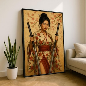 Elegant Samurai Woman in Kimono Canvas Wall Art Print | Vintage Bedroom Decor | Statement Piece