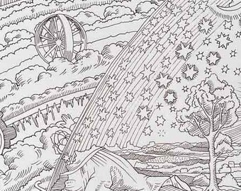 Coloriage Mystique à Imprimer – Gravure de Flammarion et Ciel Cosmique – Téléchargement Numérique
