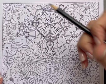 Coloriage Mystique - Etoile et paysage