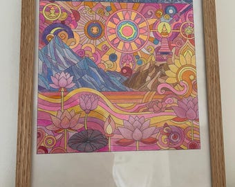 Coloriage Mystique avec Montagnes, Lotus et Soleil Rayonnant