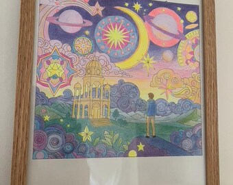 Coloriage Mystique - Nuit Étoilée, Temple et Explorateur