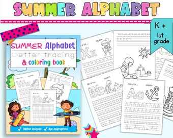 May include: A colorful book cover for a summer alphabet tracing and coloring book for kindergarten and first grade. The cover features a beach scene with a child holding a pencil and a child holding a marker. The book includes uppercase and lowercase letters, vocabulary words, and coloring pages.
