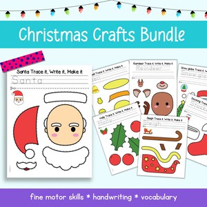 May include: A set of printable Christmas crafts for kids. Each page features a different Christmas theme, such as Santa, reindeer, holly, and a sleigh. The pages include tracing lines, writing prompts, and cut-out pieces to create a craft.