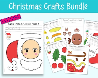 Christmas Cut and Paste Activity Bundle - 10 Cut & Glue Christmas Crafts - Cutting Practice Crafts for Kids Santa Elf Sleigh Reindeer Crafts