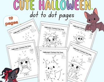 May include: A set of 19 printable Halloween themed connect-the-dots activity pages. Each page features a different cute Halloween character, such as a witch, a bat, a ghost, and a monster. The pages are black and white and are designed for children to connect the dots and then color in the picture.