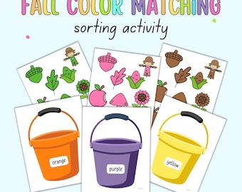 May include: Printable fall color matching activity for kids.  The activity includes 10 different colors with 10 items per color.  The items include acorns, leaves, corn, sunflowers, apples, scarecrows, and buckets.