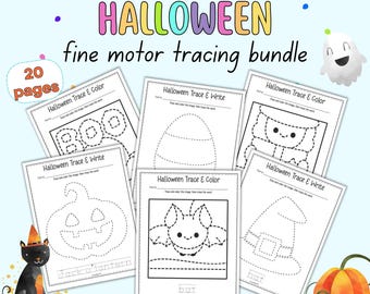May include: A set of 20 printable Halloween-themed tracing worksheets for kids. Each worksheet features a different Halloween image, such as a ghost, bat, pumpkin, and witch's hat, with dotted lines for tracing. The worksheets are designed to help children develop fine motor skills and handwriting.
