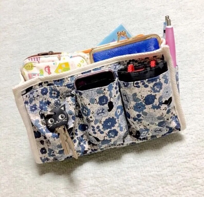 Blue Purse Organizer Inner Purse Purse Insert Bag in Bag - Black Cats in a Flower Garden