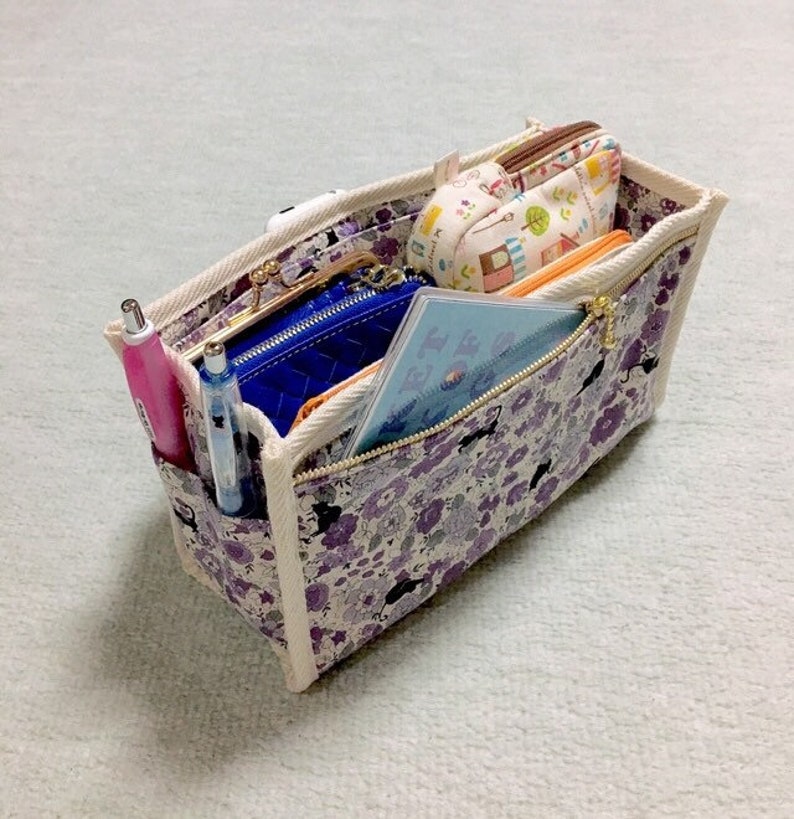 Black Cats in a Flower Garden - Purse Organizer Inner Purse Purse Insert Bag in Bag Purple