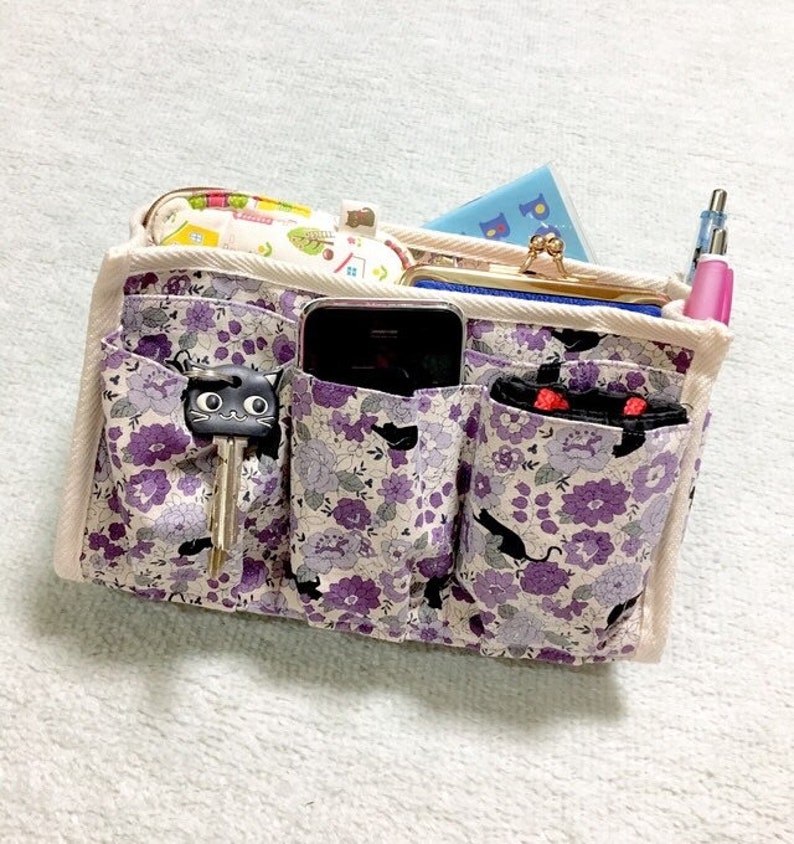 Black Cats in a Flower Garden - Purse Organizer Inner Purse Purse Insert Bag in Bag Purple