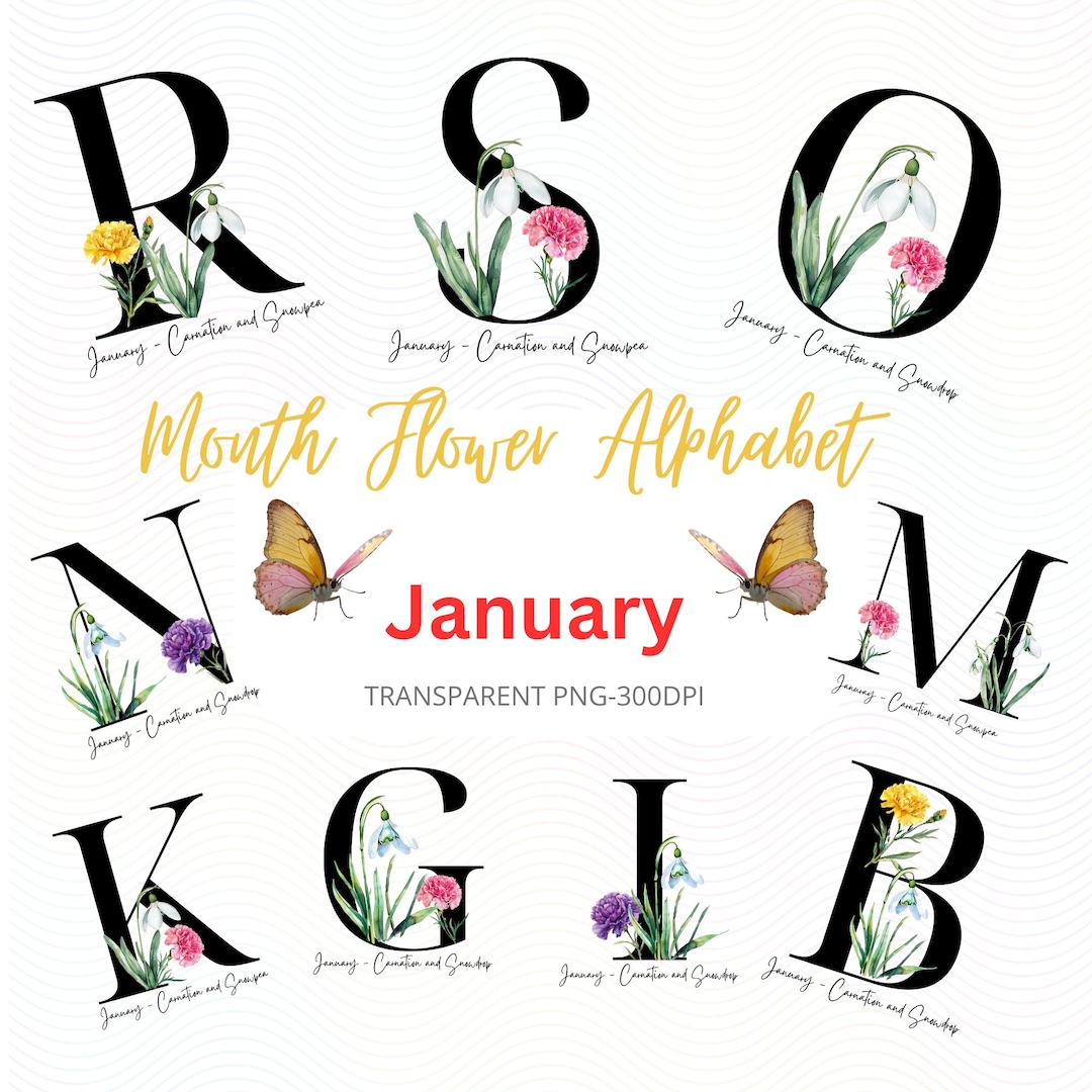 January Patterned Letters January Birth Flowers Alphabet Clipart, Instant Download, Carnation ...