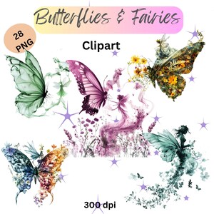 Clipart fantastiques de papillons et de fées, graphiques numériques magiques pour l'artisanat, clipart fantaisiste, téléchargement immédiat.