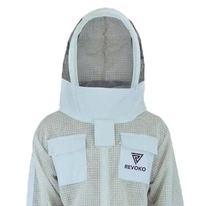 May include: White beekeeping suit with a mesh hood and a zipper closure. The suit has a logo that says "REVOKO" on the chest.