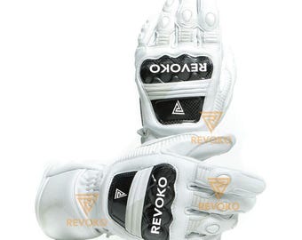Revoko White Cowhide Leather Motorcycle Gloves: Racing Bikers Gloves