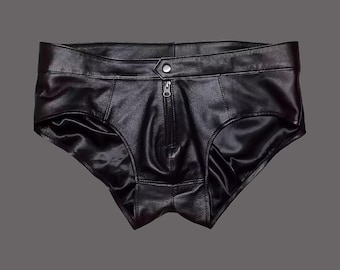 Handmade Lambskin Leather Underwear: Snap Button, Zipper Fly
