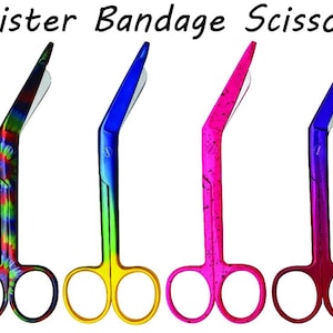 May include: Four Lister Bandage Scissors in various colours: a tie-dye pattern, blue and green gradient, pink, and red. The text "Lister Bandage Scissor" is at the top. These medical scissors have a curved blade and blunt tip.