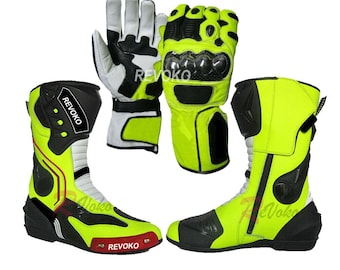 Revoko - Custom Made Motorcycle Cowhide Leather Shoes & Gloves Racing Motorbike Boot Handmade Motorcycle Boots