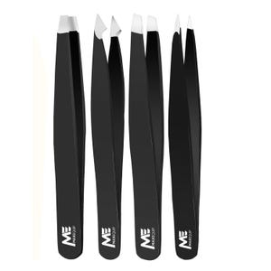 May include: Set of four black tweezers with slanted tips. Each tweezer has the word "ME" and "MAXEQUIP" printed on the side.