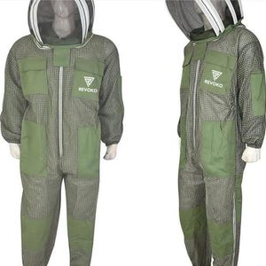 May include: A green and gray beekeeping suit with a mesh hood and a full-length zipper. The suit has green patches on the chest, knees, and pockets. The text "REVOKO" is printed on the chest.
