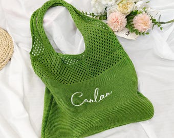 Sac de plage tricoté personnalisé avec nom brodé, cadeaux de demoiselle d'honneur, sac fourre-tout au crochet pour femme, voyage vacances, sac d'été, cadeau de mariage