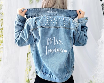 Frau Pearl Jeansjacke, personalisierte Pearl Damen Cowboyjacke, maßgeschneiderte Brautcowboyjacke, maßgeschneiderte Perlenbrautjacke, Brautgeschenk